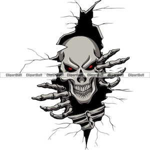 Skull Red Eyes Breaking Through Cracked Wall Floor Hand Skeleton Bone Horror Grin Devil Evil Death Scary Ghost Color Design JPG PNG SVG Cut