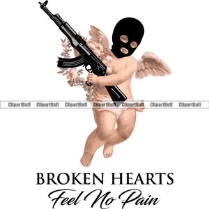 Gebroken harten voelen geen pijn gangster baby engel vleugels machinegeweer ski masker val misdadiger drukte bende kunst harteloos tattoo ontwerp JPG PNG SVG knippen