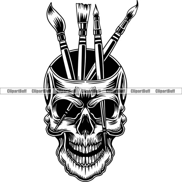 Skull Skeleton Head Face Evil Art Artist Paintbrush Graphic Designer Scary Horror Detailed Tattoo Drawing Logo Art Design JPG PNG SVG Cut
