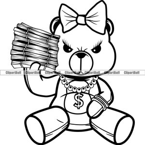 Female Hustle Teddy Bear Hair Bow Gold Dollar Sign Necklace Money Stack Cartoon Character Hip Hop Rap Gangster Tattoo Logo Design PNG SVG