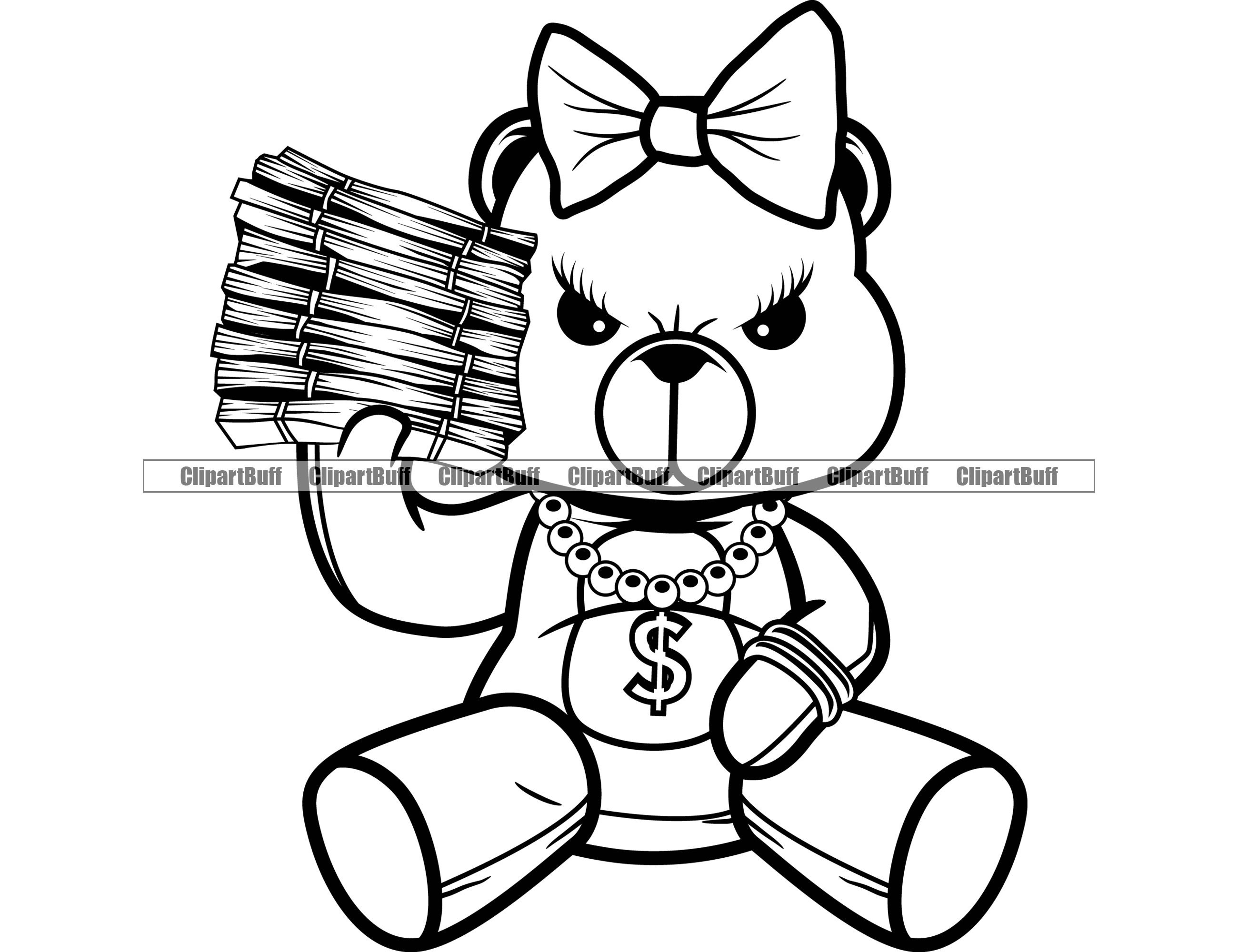 Female Hustle Teddy Bear Hair Bow Gold Dollar Sign Necklace Money Stack Cartoon Character Hip Hop Rap Gangster Tattoo Logo Design PNG SVG