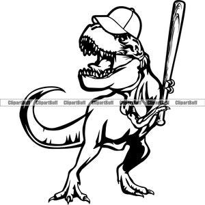 Beisebol Tiranossauro Rex Sports Game Player Dinossauro Dino T-Rex Bat Cap Equipe Outfield Animal Logo Engraçado Design Arte Jpg PNG SVG Cut File