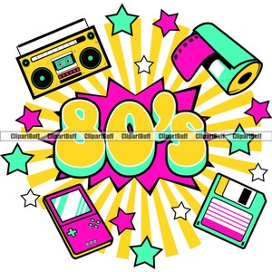 May include: A retro 80s themed design with a yellow and blue sunburst background. The design features a boombox, a film canister, a floppy disk, a handheld video game, and the text "80s" in a bold, colourful font.
