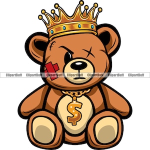 Puede incluir: Un oso de peluche marrón que lleva una corona dorada y una cadena de oro con un colgante de signo de dólar. El oso tiene un vendaje rojo en el ojo y una expresión traviesa.