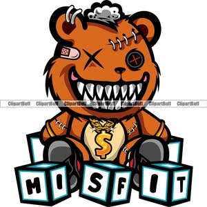 以下が含まれることがあります： 縫い付けられた顔、胸にドルマーク、金色のチェーンをつけた茶色のぬいぐるみ。クマは「MISFIT」と綴られた青いブロックの上に座っています。