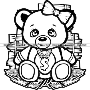 Cute Female Hustle Teddy Bear Hair Bow Big Eyes Gold Dollar Sign Chain Sitting Money Stack Hip Hop Rap Gangster Tattoo Logo Design PNG SVG