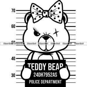 Weibliche Hustle Teddy Bär Missing Eye Mugshot Schleife Kriminelle Line Up Cartoon Charakter Hip Hop Rap Gangster Tattoo Logo Design PNG SVG