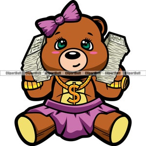 Hustle Teddy Bear Woman Money Stack Hair Bow Gold Dollar Sign Chain Cartoon Character Hustling Hip Hop Rap Color Tattoo Logo Design PNG SVG