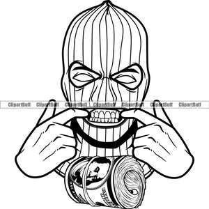 Gangster Hustle Black Gang Mitglied Ski Maske zeigt Gold Zähne Geld Rolle Rich Thug Mafia Crime Mob Boss Hip Hop Tattoo Design PNG SVG Cut