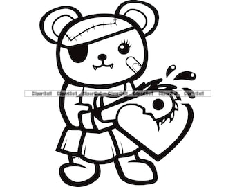 Gangster Horror Broken Hearted Teddy Bear Chainsaw Bloody Heart Stitched Head Heartless Eye Patch Hurt Bandage Tattoo Design JPG PNG SVG Cut