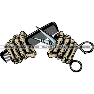 Skeleton Hand Holding Barber Comb Scissors Razor Skull Barbershop Salon Haircut Hair Cut Hairstylist Company Color Design Element PNG SVG