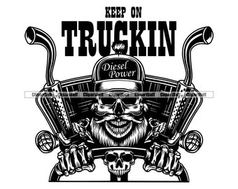 Keep On Truckin Camionista Teschio Diesel Potenza Mani Barba Camion Logistico Semi Trattore Rimorchio Trasporto Logo Design JPG PNG SVG Taglio