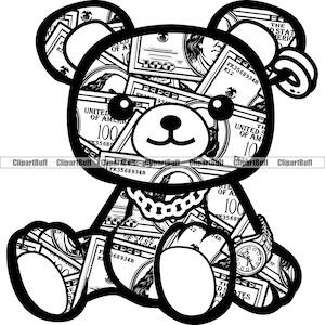 Hustle Teddy Bär Made from Money Gold Halskette Cartoon Hip Hop Rapper Rich Boss Swag Drip Hustling Tattoo Art Logo Design PNG SVG Cut