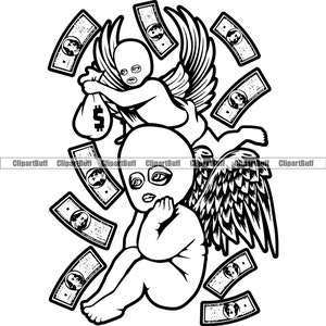 Gangster Hustle Angel Wings Bébé Statue religieuse Sac d'argent Cash Falling Rich Street Rap Rappeur Hip Hop Art Hustling Design JPG PNG SVG Coupe