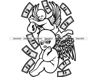 Gangster Hustle Angel Wings Baby Religious Statue Money Bag Cash Falling Rich Street Rap Rapper Hip Hop Art Hustling Design JPG PNG SVG Cut