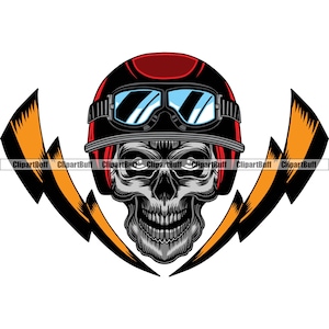 Skull Motorcycle Rider Lightning Bolts Skeleton Googles Biker Custom Chopper Garage Bike Evil Art Tattoo Design Element Logo PNG SVG File