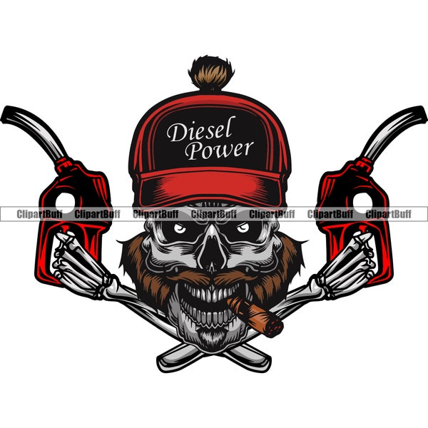 Diesel Power Skull Beard Cigar Hat Skeleton Arms Fuel Pump Nozzle Gasoline Petroleum Company Business Logo Color Design Element JPG PNG SVG