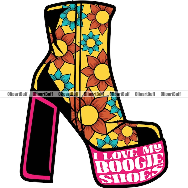 I Love My Boogie Shoes Platform Boot Daisy Flower Dance Style Art Vintage Retro 60s 70s 80s 1960s 1970s 1980s Logo Design JPG PNG SVG Cut