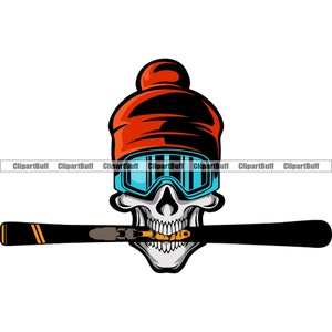 Skull Skier Biting Ski Skiing Skeleton Biting Googles Winter Hat Helmet Snowboard Sports Art Tattoo Color Design Logo JPG PNG SVG Cut File