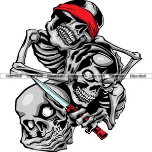 See No Evil Hear No Evil Speak No Evil Schädel Kopf Skelett Messer Augenbinde Augen Mensch Tot Horror Böse Geist Grinsen Tod Design PNG SVG Cut