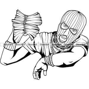 Gangster Hustle Gang Mitglied Thug Mann hält Geld Stack tragen Ski Maske Gold Schmuck Trap Plug Rap Hip Hop Art Hustling Design PNG SVG Cut