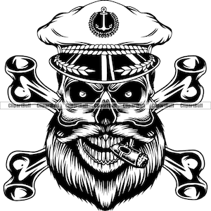 Nautique crâne chapeau os croisés squelette cigare barbe bateau bateau océan voile capitaine mauvais couleur tatouage Art Logo Design JPG PNG SVG coupe fichier