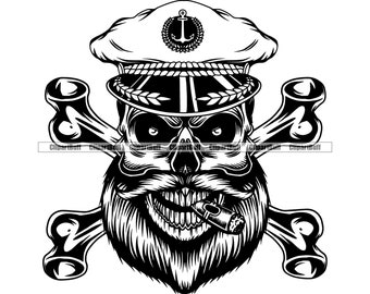 Nautical Skull Hat Crossbones Skeleton Cigar Beard Boat Boating Ocean Sailing Captain Evil Color Tattoo Art Logo Design JPG PNG SVG Cut File