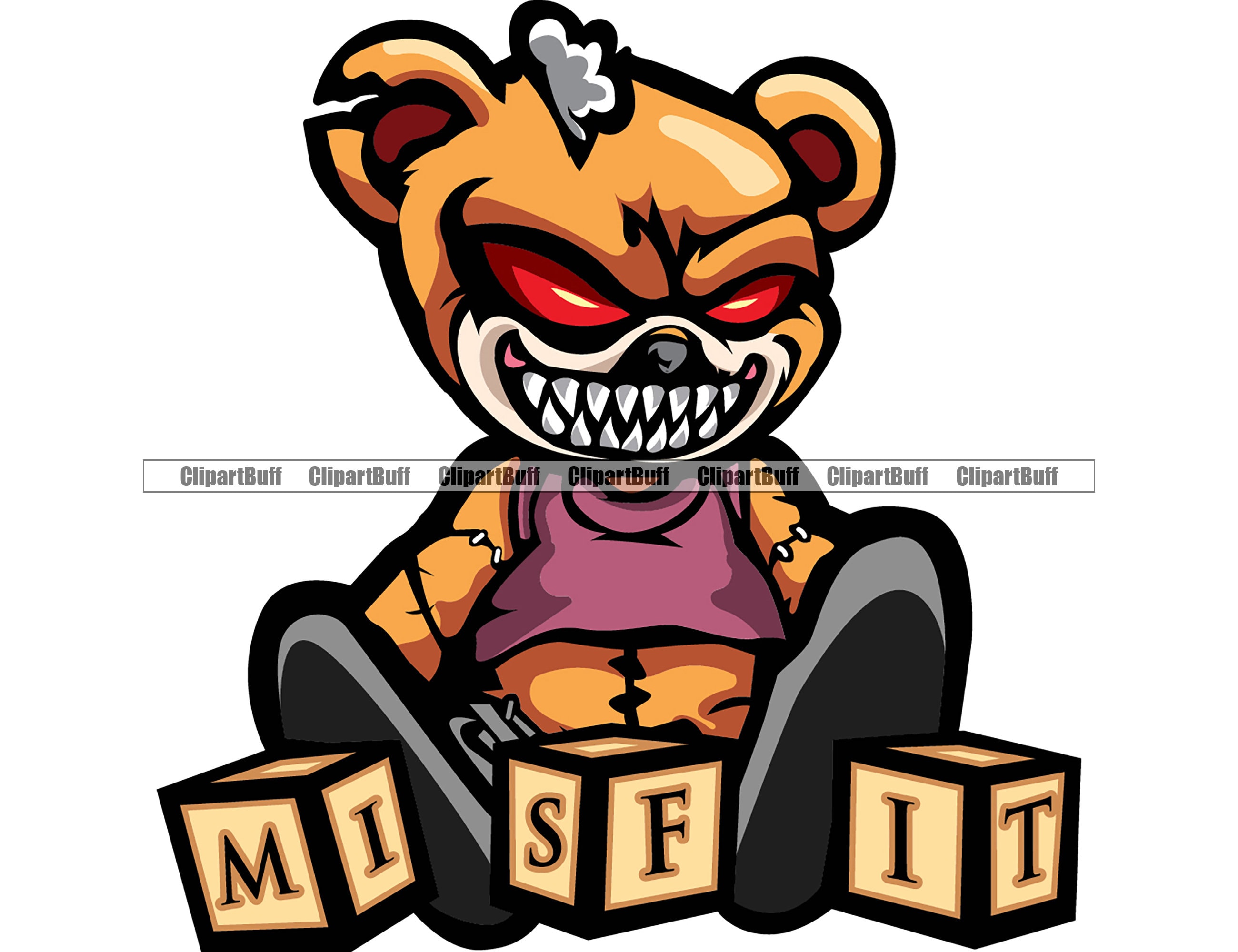 Misfit Horror Teddy Bear Sharp Teeth Red Eyes Kids Blocks Cartoon Hip Hop Rap Savage Demon Trap Hood Gangster Tattoo Art Logo Design PNG SVG
