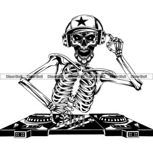 Crâne Tête DJ Dee Jay Musique Disc Jockey Casque Gratter Disque Vinyle Hip Hop Rap Rappeur Chapeau Squelette Tatouage Art Design Jpg PNG SVG Coupe