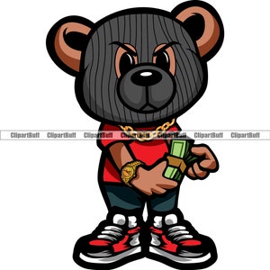 Gangster Hustle Teddy Bär Ski Maske Zählen Cash Geld Stapel Narbe Gesicht Gold Kette Turnschuhe Cartoon Hip Hop Rap Farbe Logo Design PNG SVG