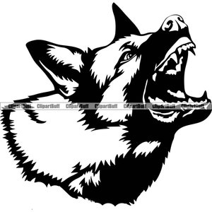 May include: Black and white silhouette of a German Shepherd dog with its mouth open and teeth showing. The dog is looking up and to the right.