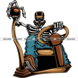 Könnte beinhalten: Ein Skelett, das eine blaue und weiße Baseballkappe und Jeans trägt, fährt ein Auto. Das Skelett hat einen Bart und hält das Lenkrad mit seinen knochigen Händen.