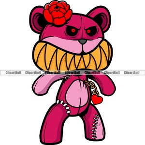 Horror Teddy Bear Woman Sharp Gold Teeth Broken Heart Heartless Rose Bow Cartoon Hip Hop Rap Boss Swag Drip Tattoo Art Logo Design PNG SVG