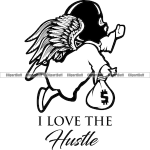 Amo il trambusto Gangster Baby Angel Wings che tiene la borsa dei soldi indossando la maschera da sci Cash Rich Thug Art Hustling Tattoo Design JPG PNG SVG Cut