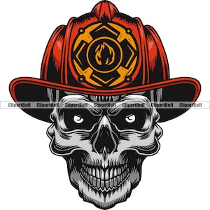 Firefighter Skull Fire Emergency Fireman Firemen Helmet Rescue Firefighting Gear Hero Evil Scary Tattoo Art Logo Design JPG PNG SVG Cut