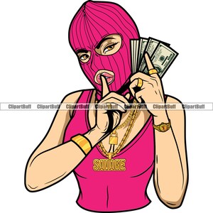 Gangster Hustle White Woman Money Ski Mask Silence Shh Finger Rich Thug Street Gang Female Boss Lady Art Hustling Tattoo Design PNG SVG Cut