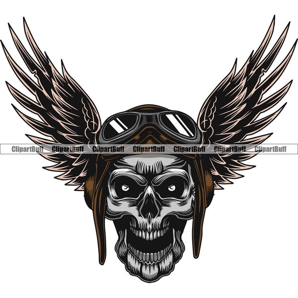 Airplane Skull Pilot Skull Skeleton Wings Fly Flight Helmet Googles Head Bone Evil Capture Face Tattoo Art Logo Design JPG PNG SVG Cut File