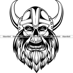 Skull Viking Helmet Devil Horns Real Eyes Beard Skeleton War Military Warrior Nordic Barbarian Medieval Art Tattoo Design JPG PNG SVG Cut