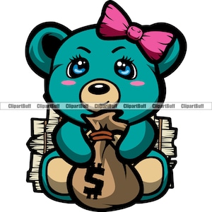 Schattige vrouwelijke drukte Teddybeer Haarstrik Grote schattige ogen Zittend geld Stapel Geldzak Hiphop Rap Gangster Rijke kleuren Logo-ontwerp PNG SVG