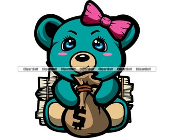 Niedliche weibliche Hustle Teddy Bär Haarschleife Große Entzückende Augen Sitzen Cash Stack Geldbeutel Hip Hop Rap Gangster Reiche Farbe Logo Design PNG SVG