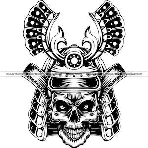 Skull Japanese Samurai Head Helmet Asian Skeleton Warrior Armor Gladiator Military Battle War Sports Art Tattoo Design Logo PNG SVG Cut File