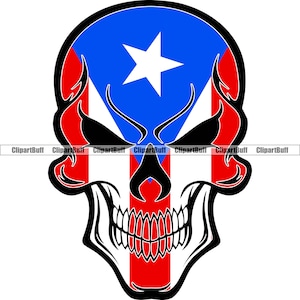 May include: A black and white skull with the colors of the Puerto Rican flag on the face. The flag is red, white, and blue with a white star in the center.