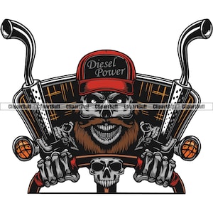 May include: A skull with a red cap that says "Diesel Power" is driving a truck. The skull has a beard and is holding the steering wheel. The truck has two exhaust pipes coming out of the back.