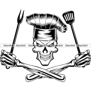 Skull BBQ Bar-B-Que Chef Grill Fork Spatula Skeleton Cooking Cook Food Restaurant Kitchen Tattoo Diner Dining Logo Design PNG SVG Cut File