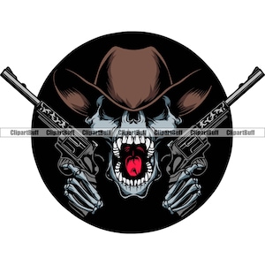 Skull Outlaw Cowboy Revolver haltend Skelett Hut Western Crime Gangster Horror Death Art Tattoo Farbe Logo Design JPG PNG SVG