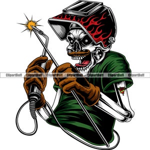 Schädel tragen Schweißbrenner Helm Maske Hot Rod Flammen Schnurrbart Schweißer Skelett Schweißer Eisen Arbeiter Konstruktion Design Element JPG PNG SVG Cut