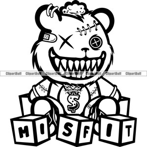 May include: Black and white illustration of a stitched teddy bear with a mischievous grin, wearing a gold chain with a dollar sign pendant. The bear is sitting on top of toy blocks that spell out "MISFIT".