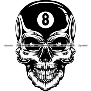 Puede incluir: Ilustración en blanco y negro de una calavera con una bola de billar en la parte superior. La bola de billar es el número 8.