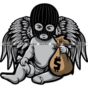 Gangster Hustle Baby Angel Wings Statua religiosa Holding Money Bag Ski Mask Trap Mafia Boss Rap Hip Hop Art Hustling Design JPG PNG SVG Cut