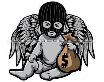 Gangster Hustle Baby Angel Wings Religious Statue Holding Money Bag Ski Mask Trap Mafia Boss Rap Hip Hop Art Hustling Design JPG PNG SVG Cut